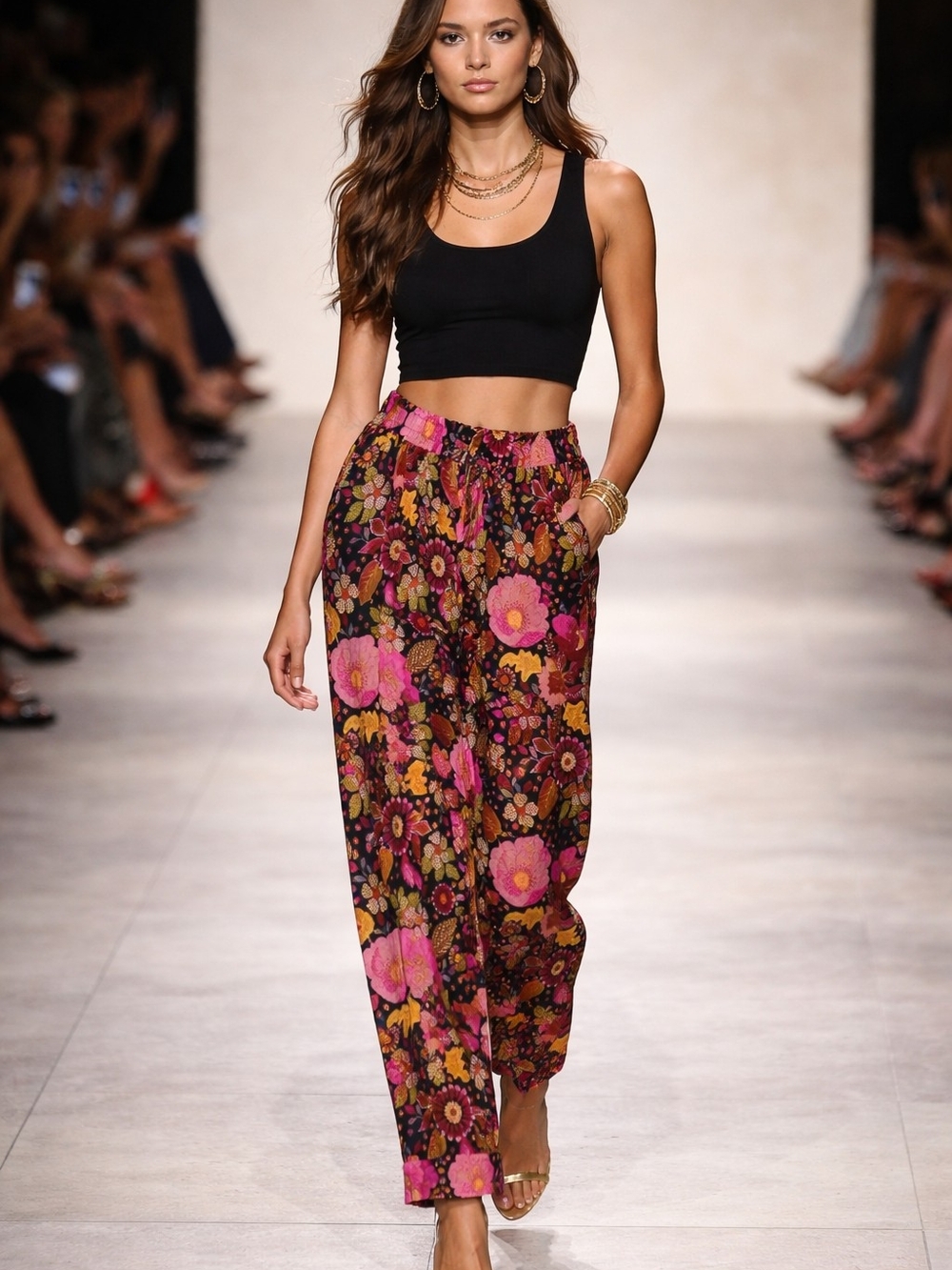 Jane and Delancey Black Wide-Leg Pants with Pink Floral Print